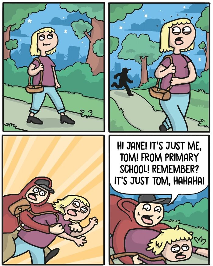 Norwegian cartoonist comic: woman being followed, surprised by her assailant's casual greeting.