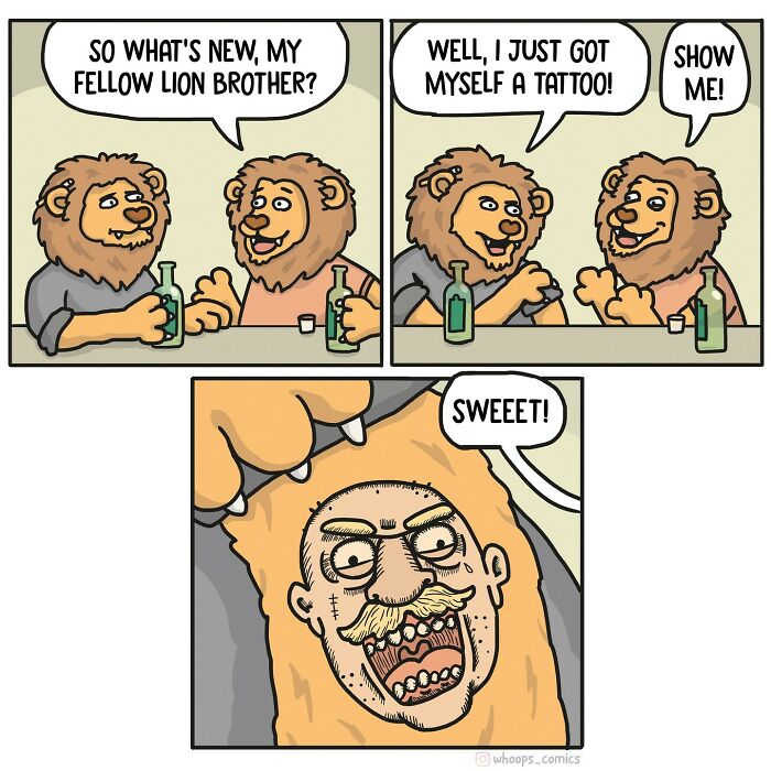 Two cartoon lions at a bar, one shows a humorous tattoo with a person's face, by a Norwegian cartoonist.