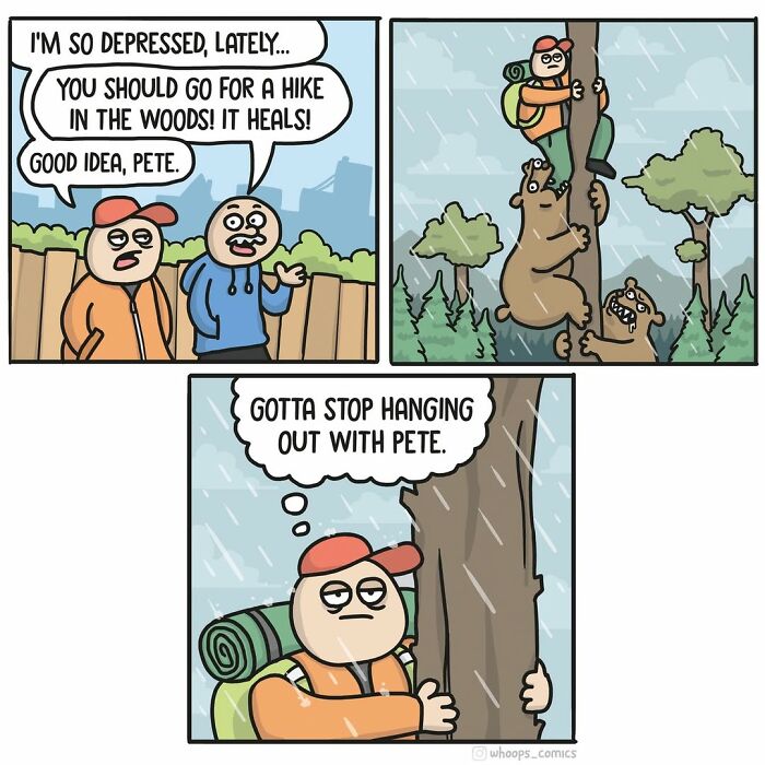 Norwegian cartoonist's comic: a funny forest hike goes wrong, featuring bears and a concerned hiker in the rain.