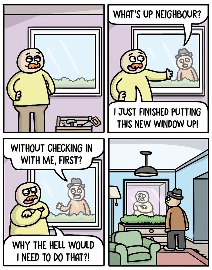Cartoonist's satirical comic, two neighbors and a new window misunderstanding, humorously highlighting social interaction.