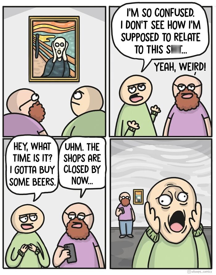 Norwegian cartoon features confused characters referencing famous painting, blending satire and social commentary.