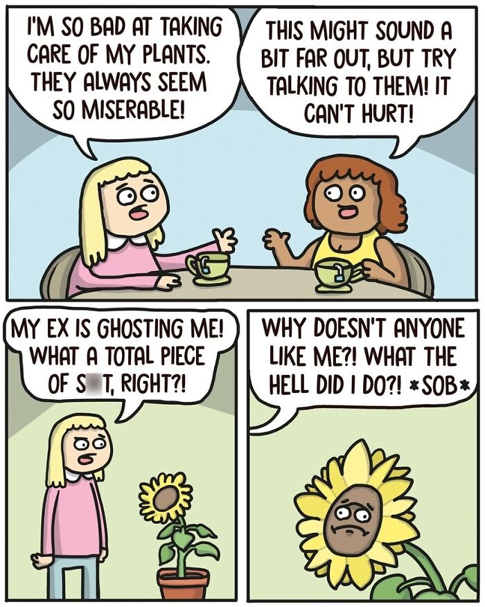 Norwegian cartoonist's comic: woman talks to friend about sad plants, plant later expresses loneliness with a sunflower face.