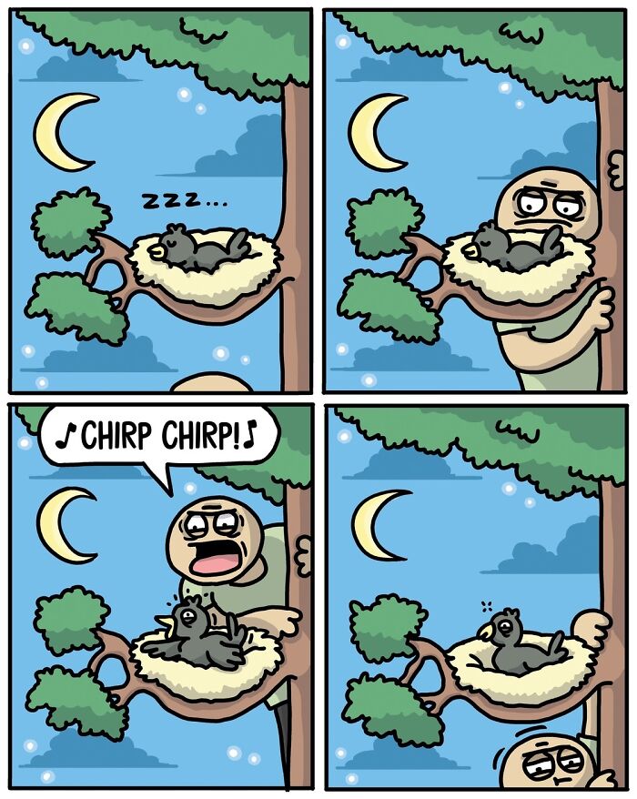 Norwegian cartoonist creates a humorous comic with a bird, tree, and person under the moonlight, adding satire and social commentary.