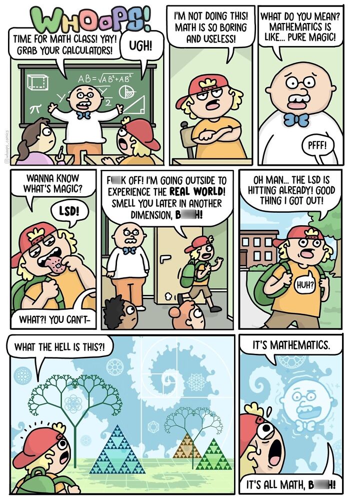 Norwegian cartoonist comic depicting students in math class with humorous social commentary.