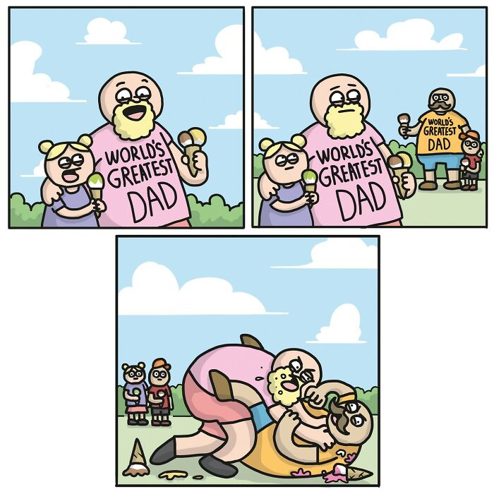 Norwegian cartoonist comic features humorous scene with characters in "World's Greatest Dad" shirts.