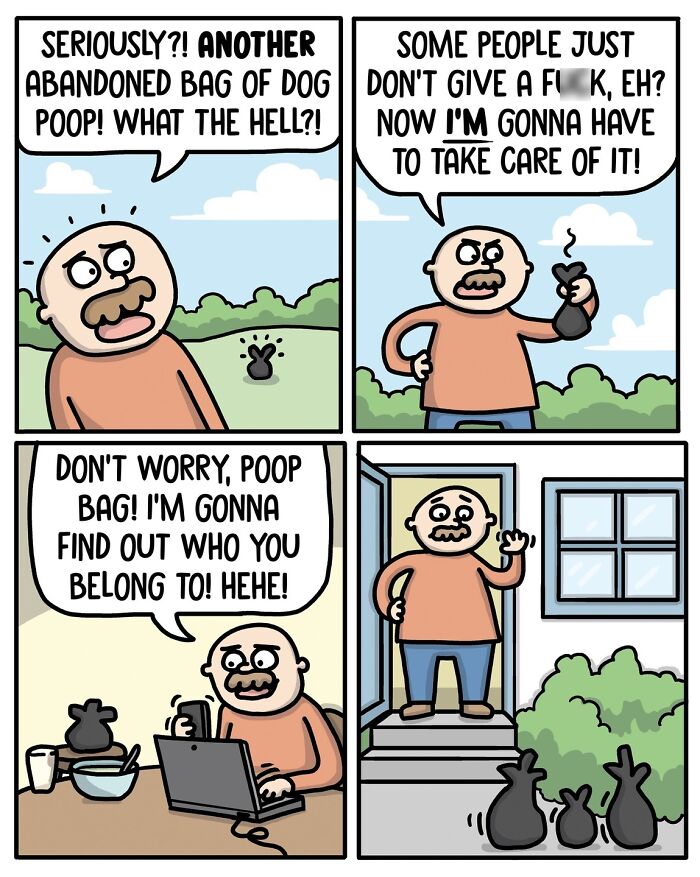 Cartoonist's satirical comic on left dog p**p; character plans retaliation with laptop.