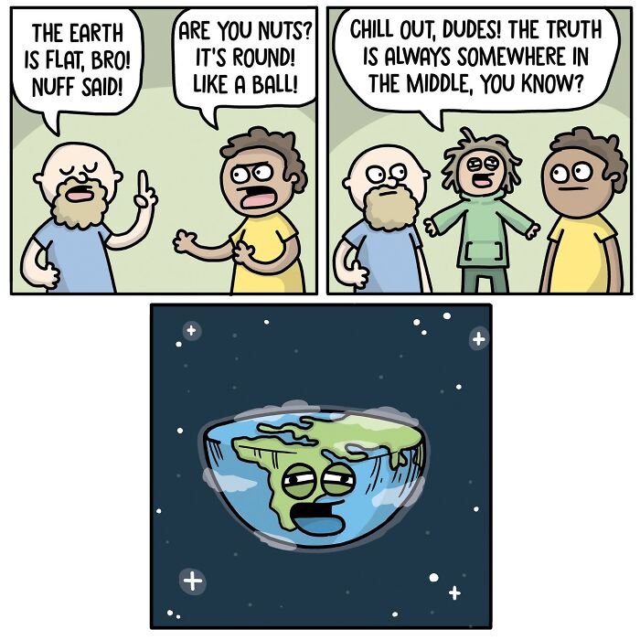 Norwegian cartoonist comic with satire on Earth shape debate, featuring three characters and a hybrid Earth in space.