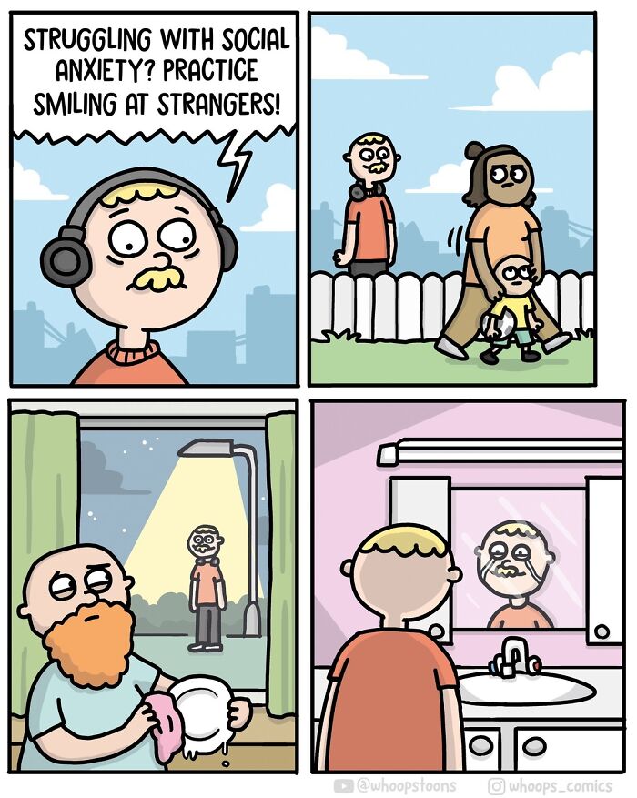 Norwegian cartoonist's comic: person advised to smile at strangers struggles with social anxiety, humorously portrayed.