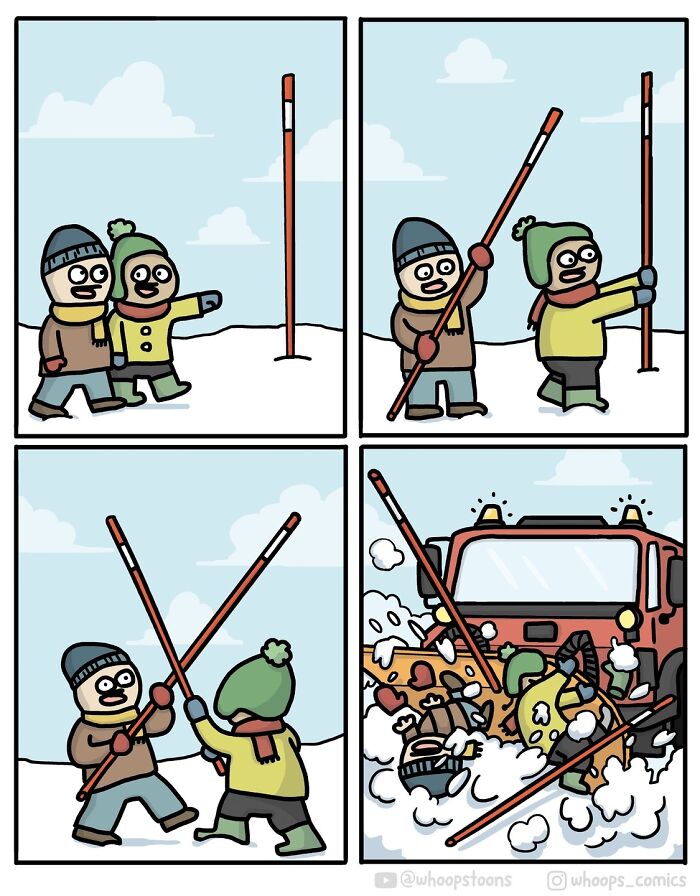 Norwegian cartoonist comic showing two characters mistakenly removing snow poles, causing chaos with a snowplow.