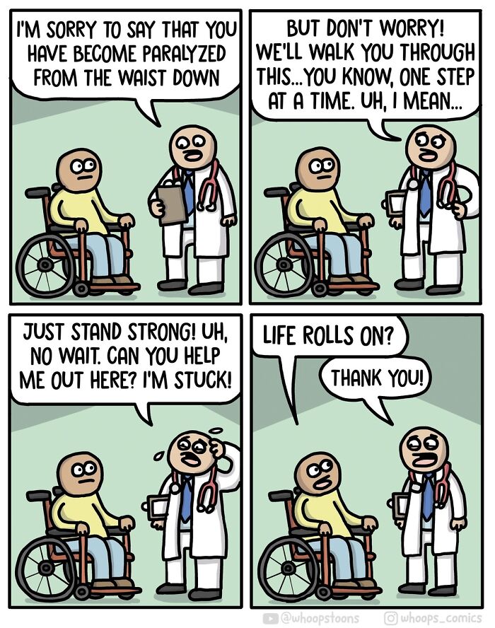 Norwegian cartoonist comic with wheelchair satire as doctor struggles to use appropriate language.