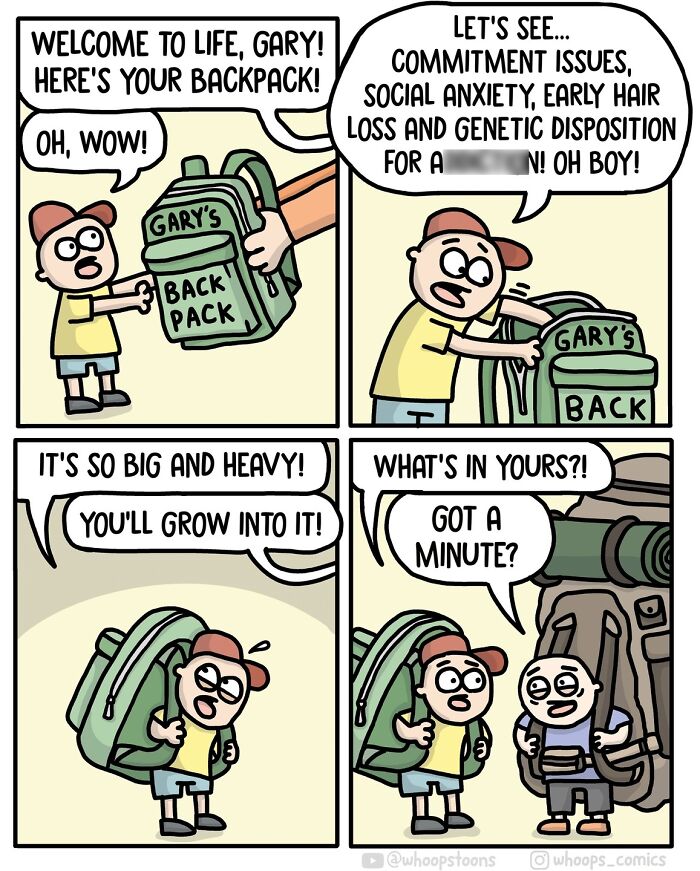 Cartoon by Norwegian cartoonist features a character struggling with a large backpack of life's challenges.