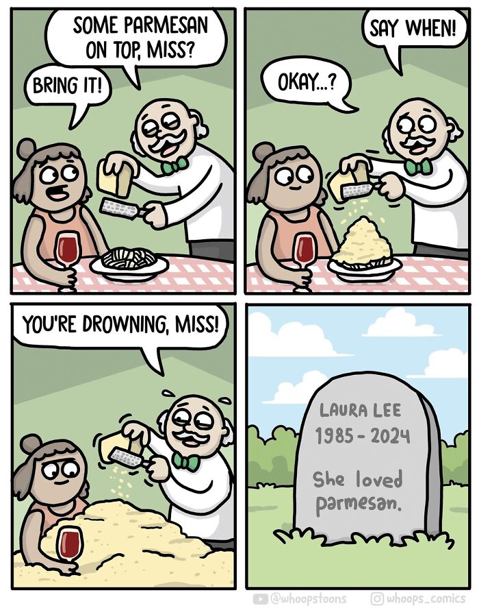 Norwegian cartoonist's comic showing a woman buried in parmesan cheese, hinting at satire and social commentary.