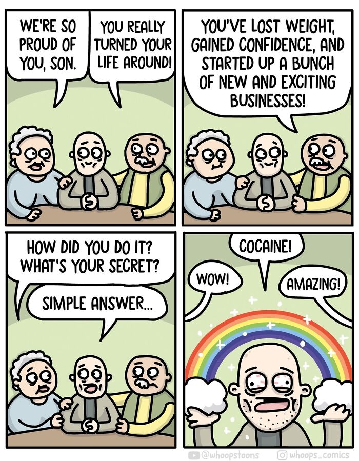 Norwegian cartoonist comic featuring a humorous satire on personal transformation and success, using unexpected humor.