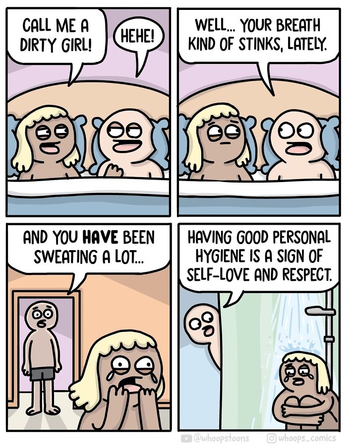 Norwegian cartoonist comic with satire, depicting a humorous take on personal hygiene and self-love.