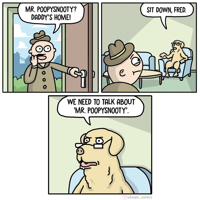 Norwegian cartoonist comic featuring a man and a talking dog named Mr. Poopysnooty discussing an issue in an amusing context.