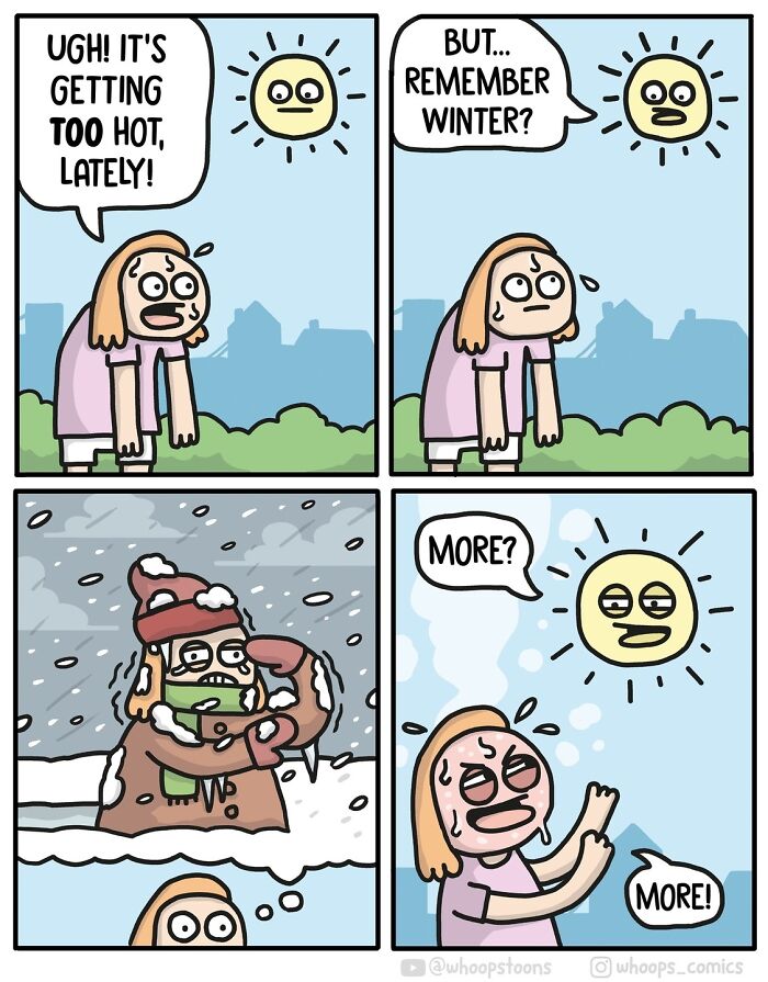 Norwegian cartoonist comic with sun and person frustrated by hot and cold weather, featuring satire and social commentary.