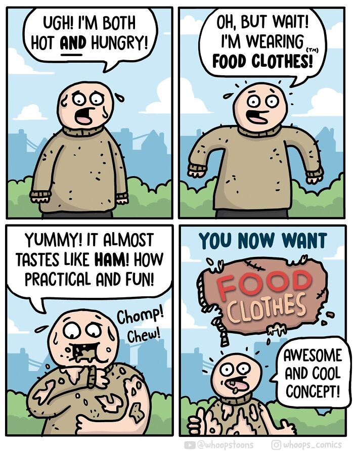 Norwegian cartoonist's comic showing a man eating his food clothes, blending humor with social commentary.