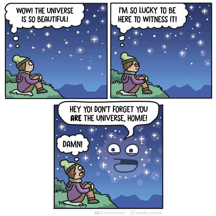Norwegian cartoonist comic showing a person stargazing, surprised by the universe talking back with humor and satire.