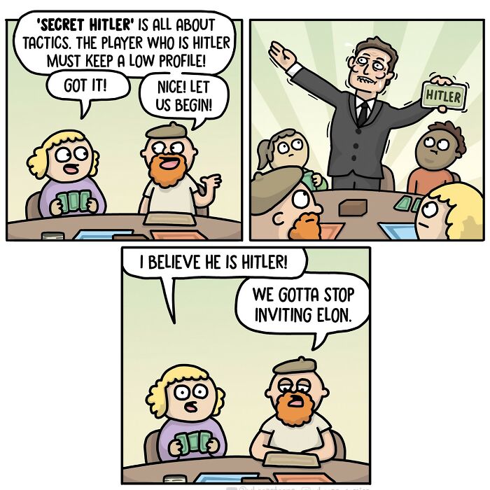 Cartoon by Norwegian artist satirizes "Secret Hitler" game, with players accusing each other humorously.