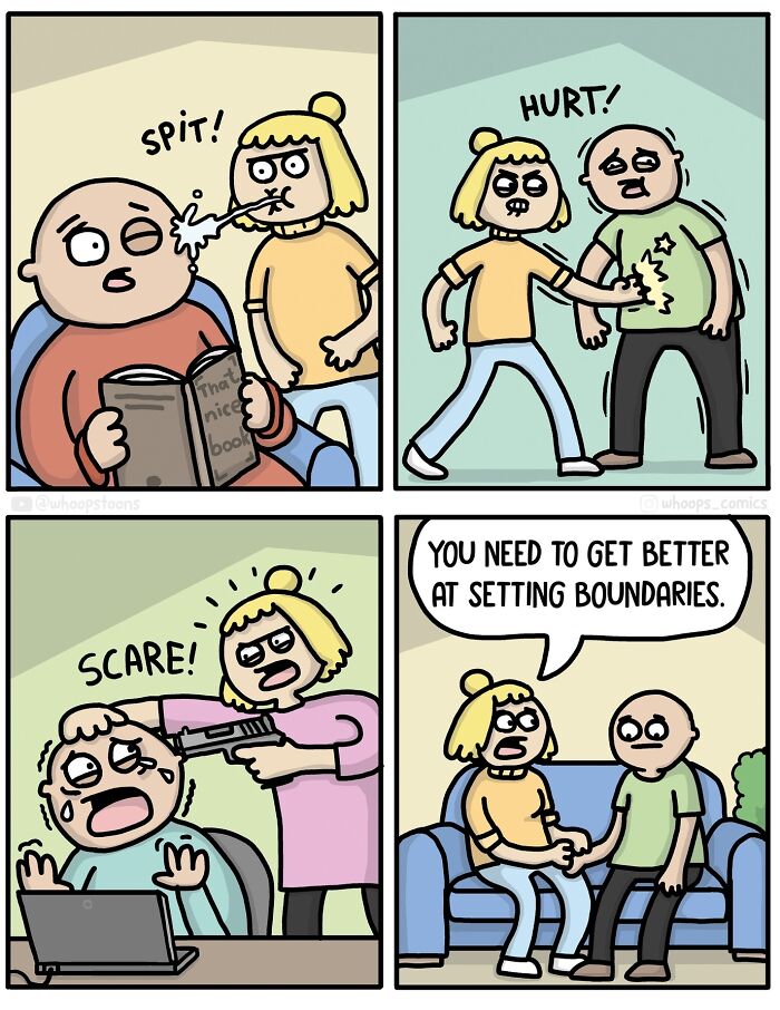 Norwegian cartoonist's comic strip showing characters dealing with humor and social commentary on setting boundaries.