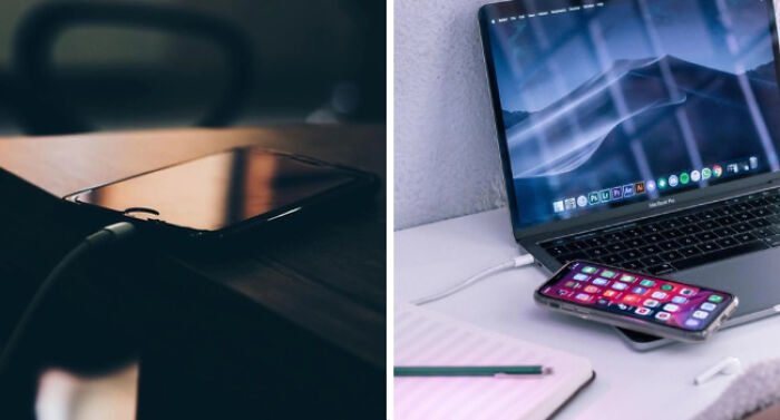 Smartphone charging on desk, alongside laptop and notepad, illustrating modern adulting struggles and daily tech use.