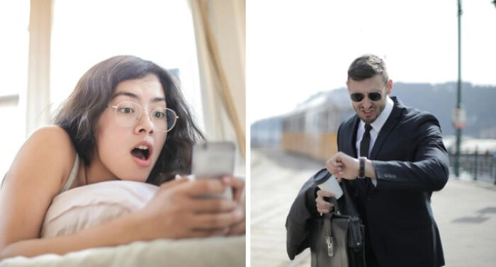 A young woman surprised by phone and a businessman checking watch outdoors, illustrating adulting struggles in daily life.