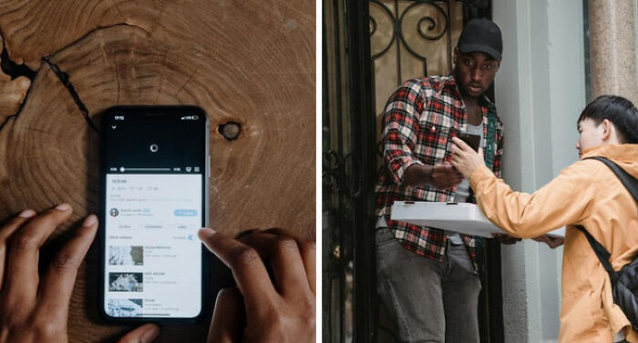 Person using a smartphone for a would you rather poll on adulting struggles and another handing pizza outside a door.