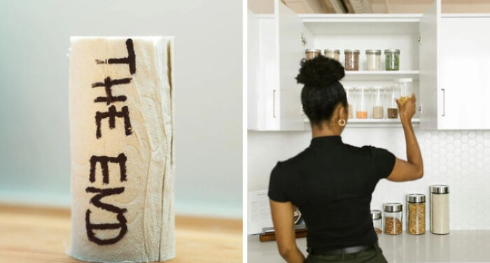Tissue roll with the end written and woman reaching for a jar in a kitchen, illustrating adulting struggles.