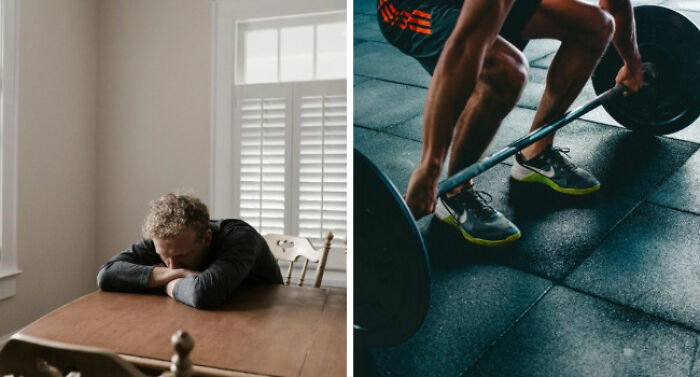 Tired adult resting head on table contrasted with close-up of person lifting weights in gym, illustrating adulting struggles.