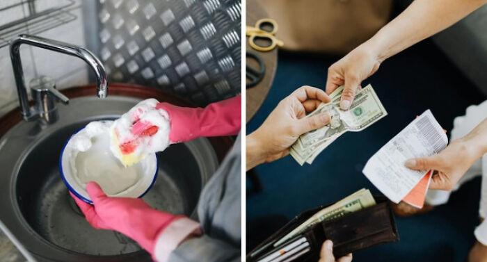 Washing dishes with gloves and paying bills with cash, representing the struggles of adulting choices.