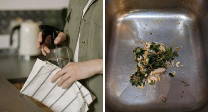 Person cleaning kitchen counter with spray bottle and cloth next to a sink with food scraps, illustrating adulting struggles.