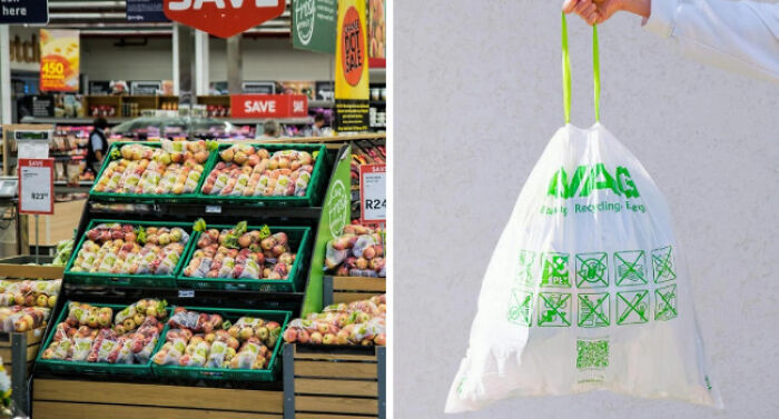 Grocery store displaying fresh apples with reusable bag held by person highlighting struggles of adulting and saving.