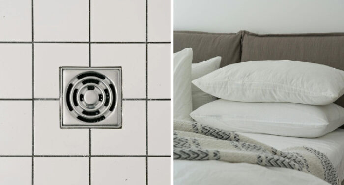 Drain in white tiled floor on left and a bed with pillows and blanket on right depicting adulting struggles.