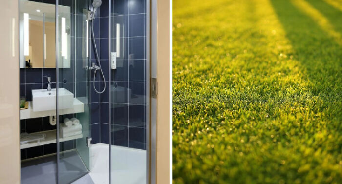 Modern glass shower with dark tiles in a bathroom next to a close-up of green grass representing the struggles of adulting.