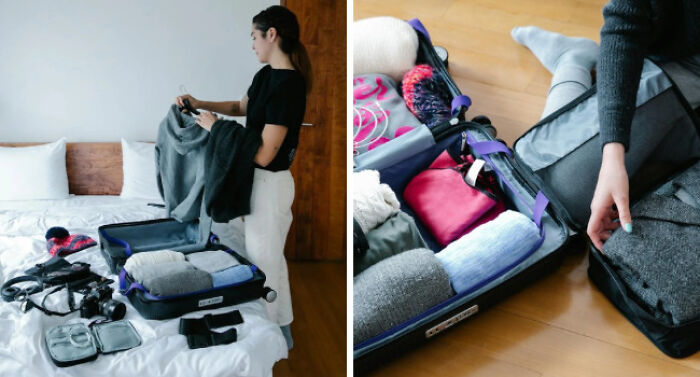 Woman packing clothes and accessories into a suitcase, illustrating the struggles of adulting in a would you rather poll.