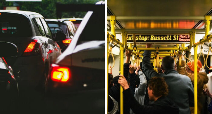 Heavy traffic jam at dusk and crowded public transit with passengers standing holding onto yellow rails representing adulting struggles.