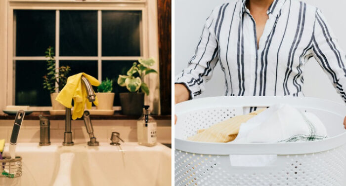Kitchen sink with cleaning gloves and plants by the window next to a person holding a laundry basket, showing adulting struggles.