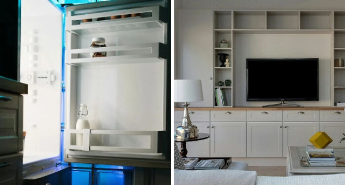 Open refrigerator with milk bottle inside next to modern living room with TV and shelves illustrating adulting struggles.