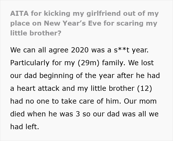 Text about a woman crossing a line with her boyfriend’s grieving brother, leading to her being kicked out on New Year's. Text about a woman crossing a line with her boyfriend’s grieving brother, leading to her being kicked out on New Year's.