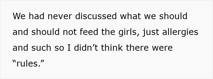 Text message discussing food guidelines for girls, mentioning allergies and lack of established rules. Text message discussing food guidelines for girls, mentioning allergies and lack of established rules.