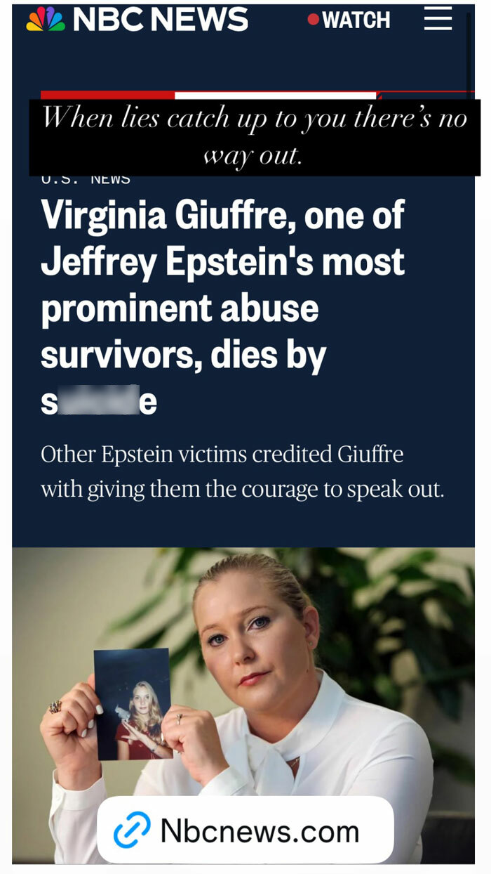 NBC News headline about Virginia Giuffre's death, with somber overlay text above.