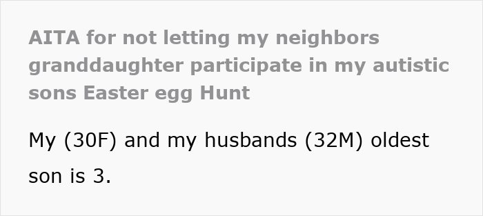 Text screenshot about neighbors, granddaughter, autistic son, and Easter egg hunt.