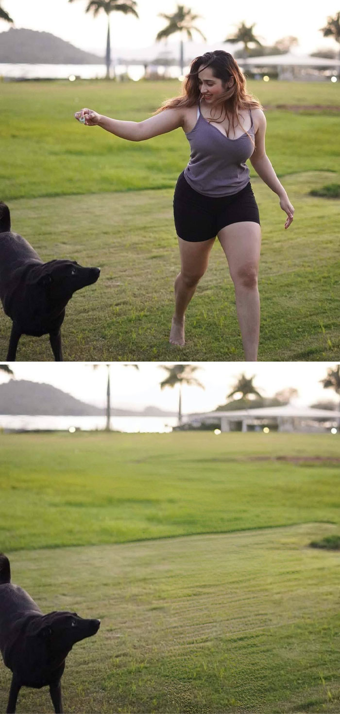 Woman edited out of photo with dog in park for funny FB group request.