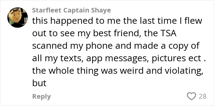 Comment about experiencing the 'SSSS' code on a flight, highlighting TSA phone scan and privacy concerns. Comment about experiencing the 'SSSS' code on a flight, highlighting TSA phone scan and privacy concerns.