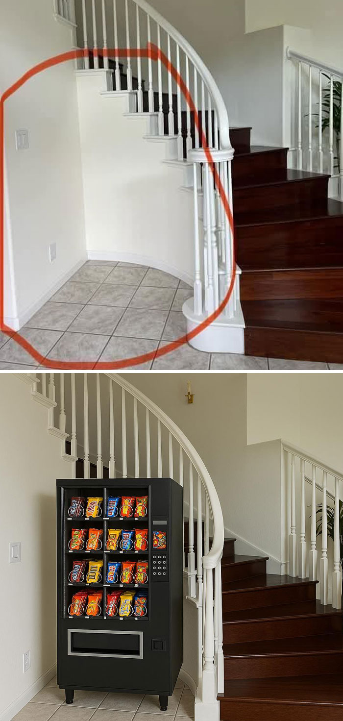 Staircase corner photo edit showing a vending machine humorously placed upon request.