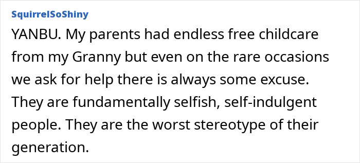 Text from a woman discussing double standards in modern grandparenting, mentioning selfishness and lack of childcare help.
