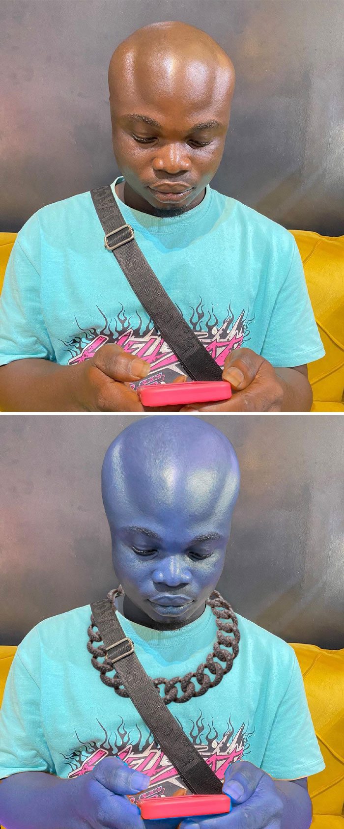 Two images of a man on a phone; edited version below shows his skin turned blue with a digital chain added.