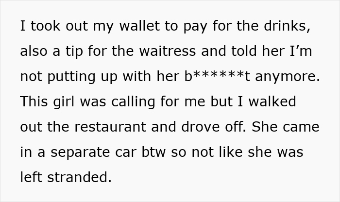 Text recounting a woman snapping at a waitress; her date pays, leaves the restaurant decisively. Text recounting a woman snapping at a waitress; her date pays, leaves the restaurant decisively.