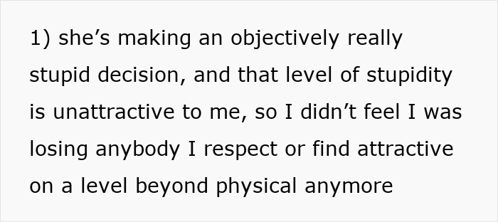 Text response to breakup before Valentine's, mentioning a decision as unattractive.