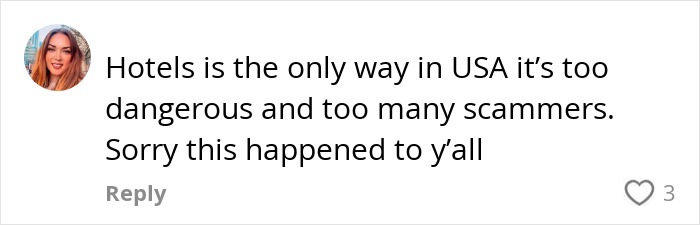 Comment expressing concern about Airbnb safety and scammers in the USA. Comment expressing concern about Airbnb safety and scammers in the USA.